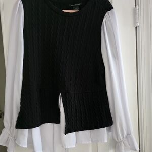 Ashley Stewart Black Knit Peplum Overlay Blouse with White Sleeves